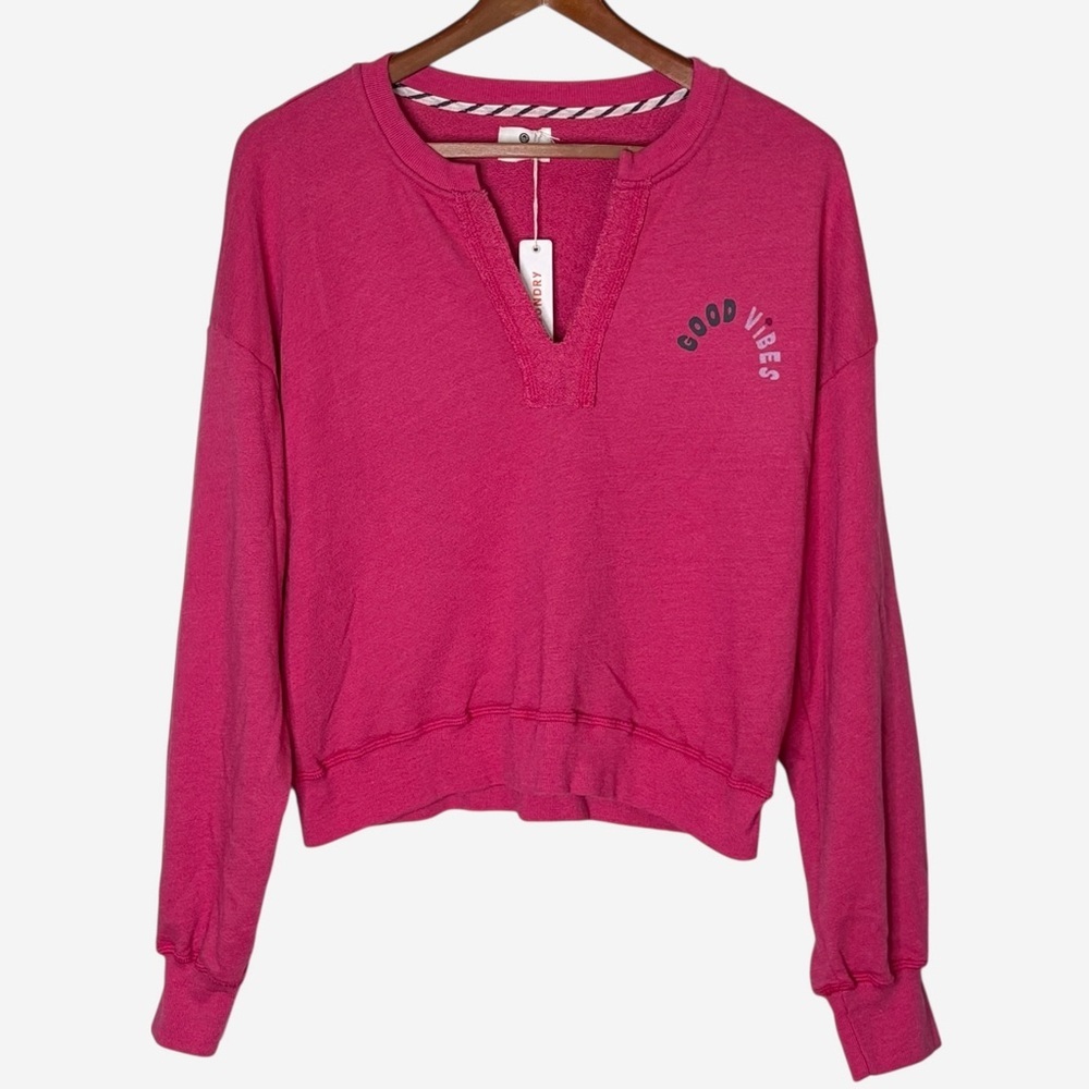 NWT Anthropologie SUNDRY Good Vibes Fuchsia Split Neck Cropped Sweatshirt Size L - Picture 4 of 14
